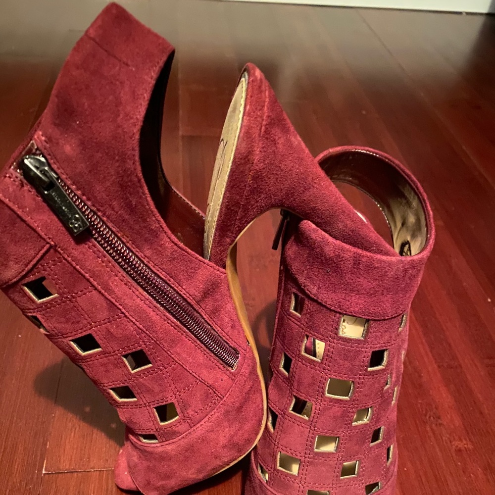 Burgundy suede cage sandals